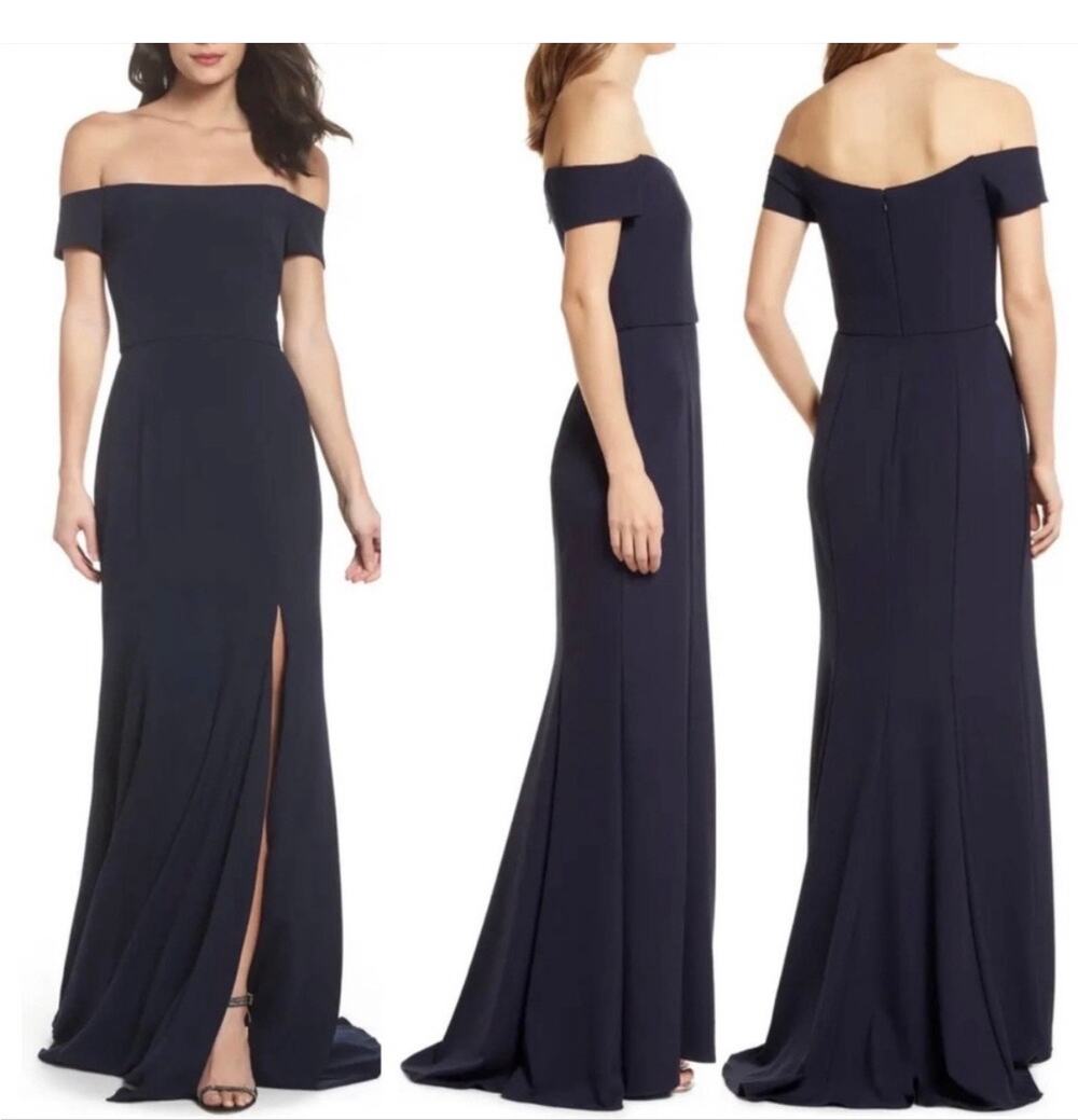 Amsale Eden Navy Blue Off Shoulder Slit Bridesmaid Wedding Formal Gown 0